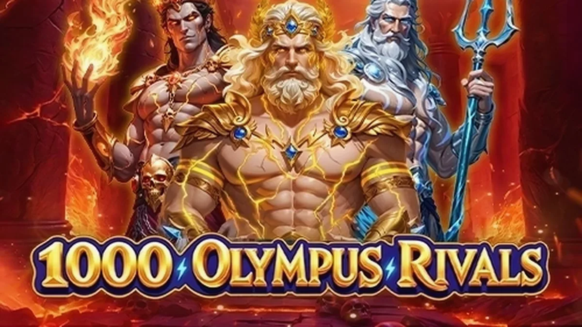 Captura de tela do jogo 1000 Olympus Rivals, mostrando os sete rolos e símbolos temáticos do Olimpo.