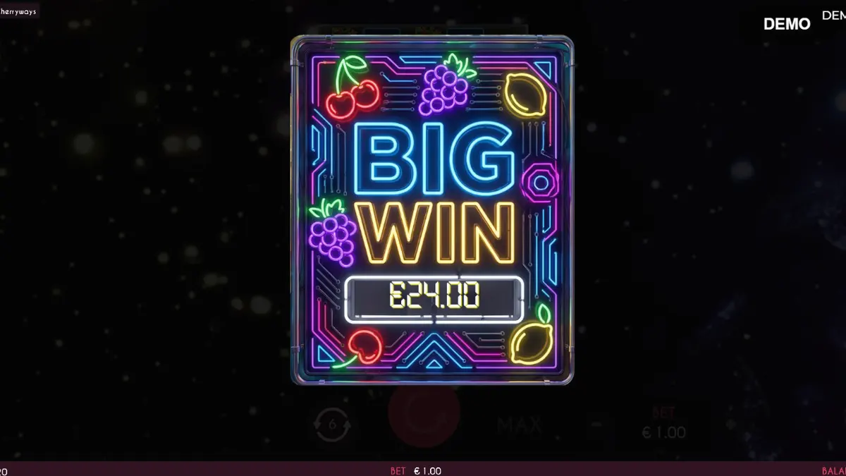Interface neon do jogo Turbo Fortune Cherryways com símbolos de frutas brilhantes